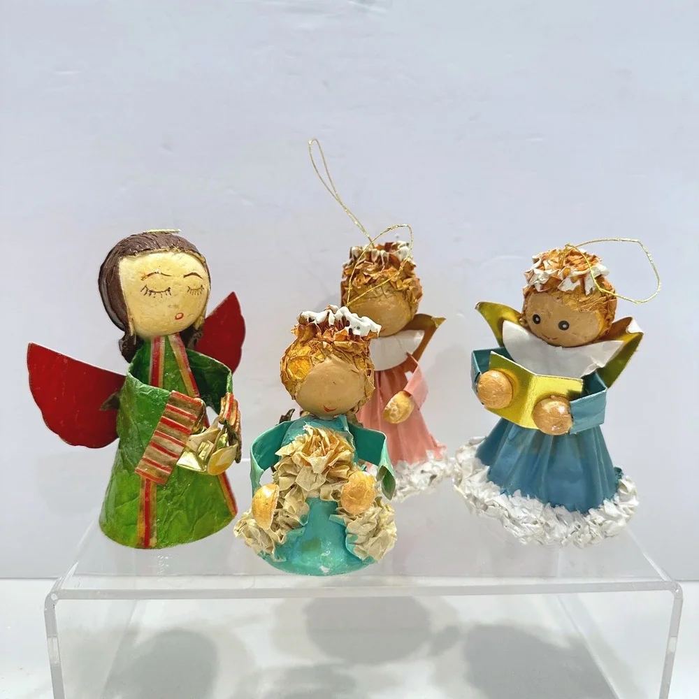 Vintage Paper Mache Angel Ornaments Set of 4 Christmas‎ Mid Century Taiwan MCM